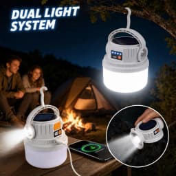 Portable LED Camping Lamp Solar Rechargeable Dual Light Outdoor Lantern with Power Bank Digital Display for Emergency Hiking