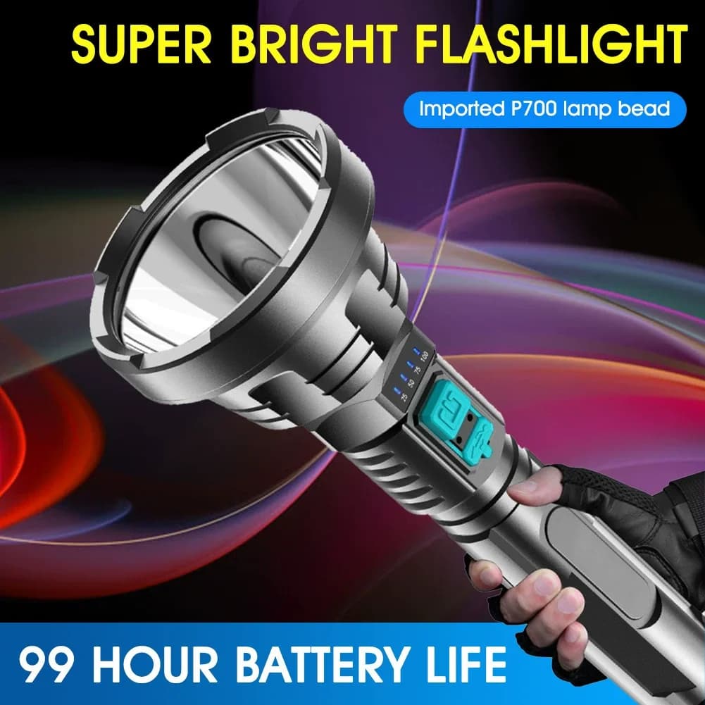 Large Long-Range LED Flashlight with Battery Display USB Charging Strong Light for Home And Outdoor Use Durable ABS Material