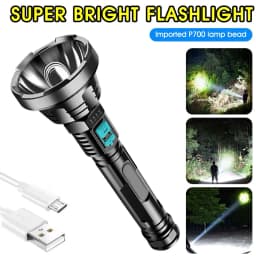 Large Long-Range LED Flashlight with Battery Display USB Charging Strong Light for Home And Outdoor Use Durable ABS Material