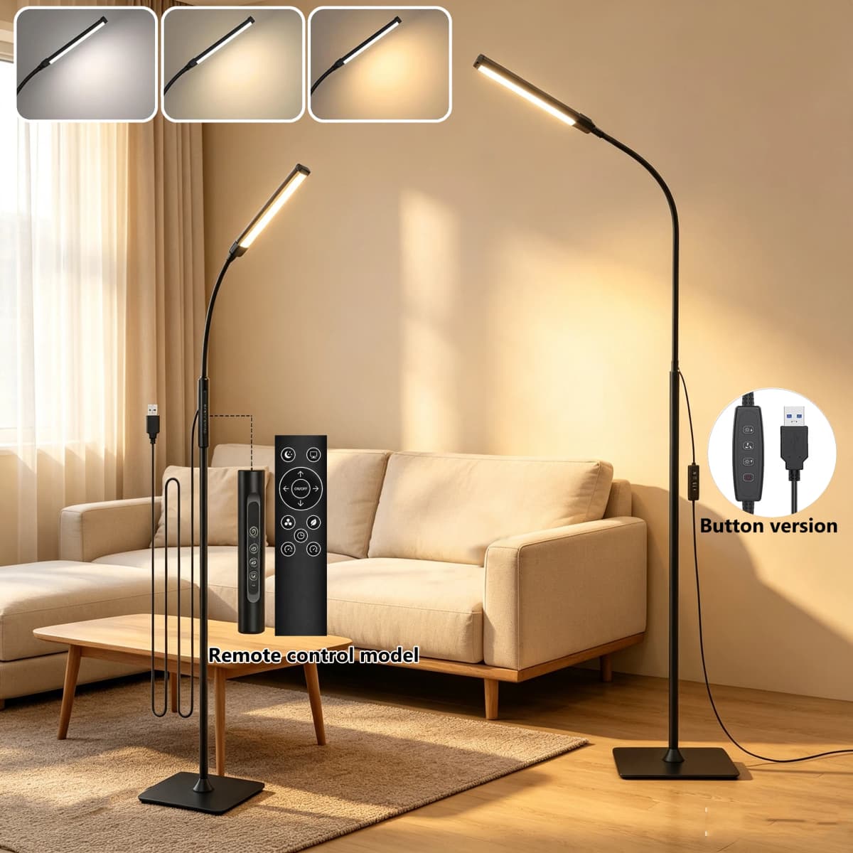 LED Floor Lamp Changeable Reading Lamp 3000K-6000K 10 Brightness Levels Flexible Gooseneck Adjustable for Living Room Bedroom
