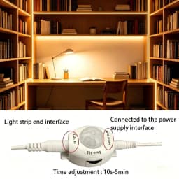 Motion-sensing LED light strip, USB powered, warm/white light, 5V. Ideal for stairs, closets, kitchens, bedrooms, and hallways.