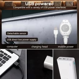 Motion-sensing LED light strip, USB powered, warm/white light, 5V. Ideal for stairs, closets, kitchens, bedrooms, and hallways.