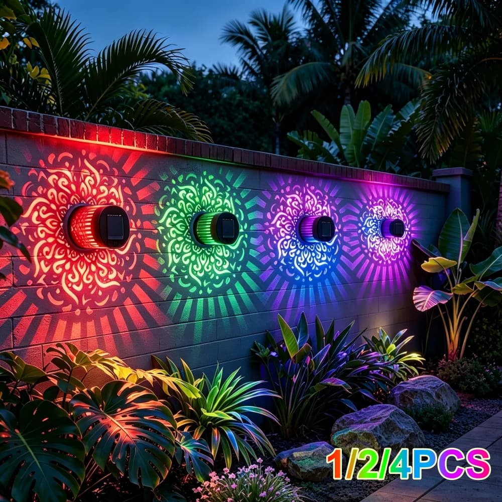 4PCS LED Solar Mandala Wall Lamp Openwork Projection Lawn Light Outdoor Garden Decor Landscape Light for Garden Lawn Fence Porch