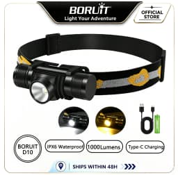 BORUiT D10 1000LM LED Headlamp Powerful Lightweight Headlight Type-C Rechargeable Head Torch Waterproof Camping Fishing Lantern