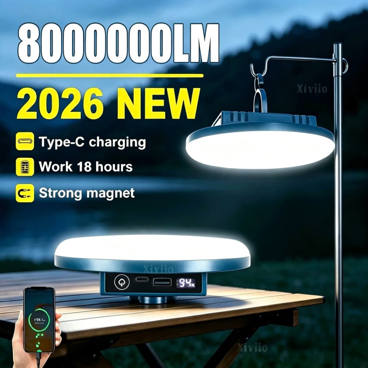8000000LM Outdoor Camping Light Type-C Rechargeable Portable Lamp Emergency Night Market LED Camping Tent Light With Magnet Hook