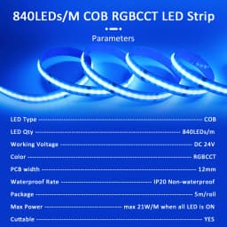 5M COB RGBCCT Led Strip 24V 6 Pin 12mm 840 Diodes RGB CCT WW CW 24 Volt Flexible Led Stripe Neon Tape Ribbon Lamp for Room Decor
