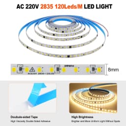 5m 10m 20m 50m 220V LED Strip Light SMD 2835 120LEDs/m 8mm Flexible and Cuttable Home Lamp Adhesive Tape Warm/Natural/Cool White
