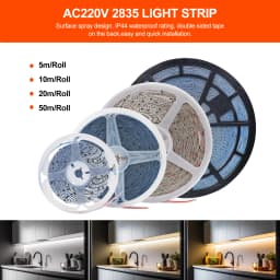 5m 10m 20m 50m 220V LED Strip Light SMD 2835 120LEDs/m 8mm Flexible and Cuttable Home Lamp Adhesive Tape Warm/Natural/Cool White