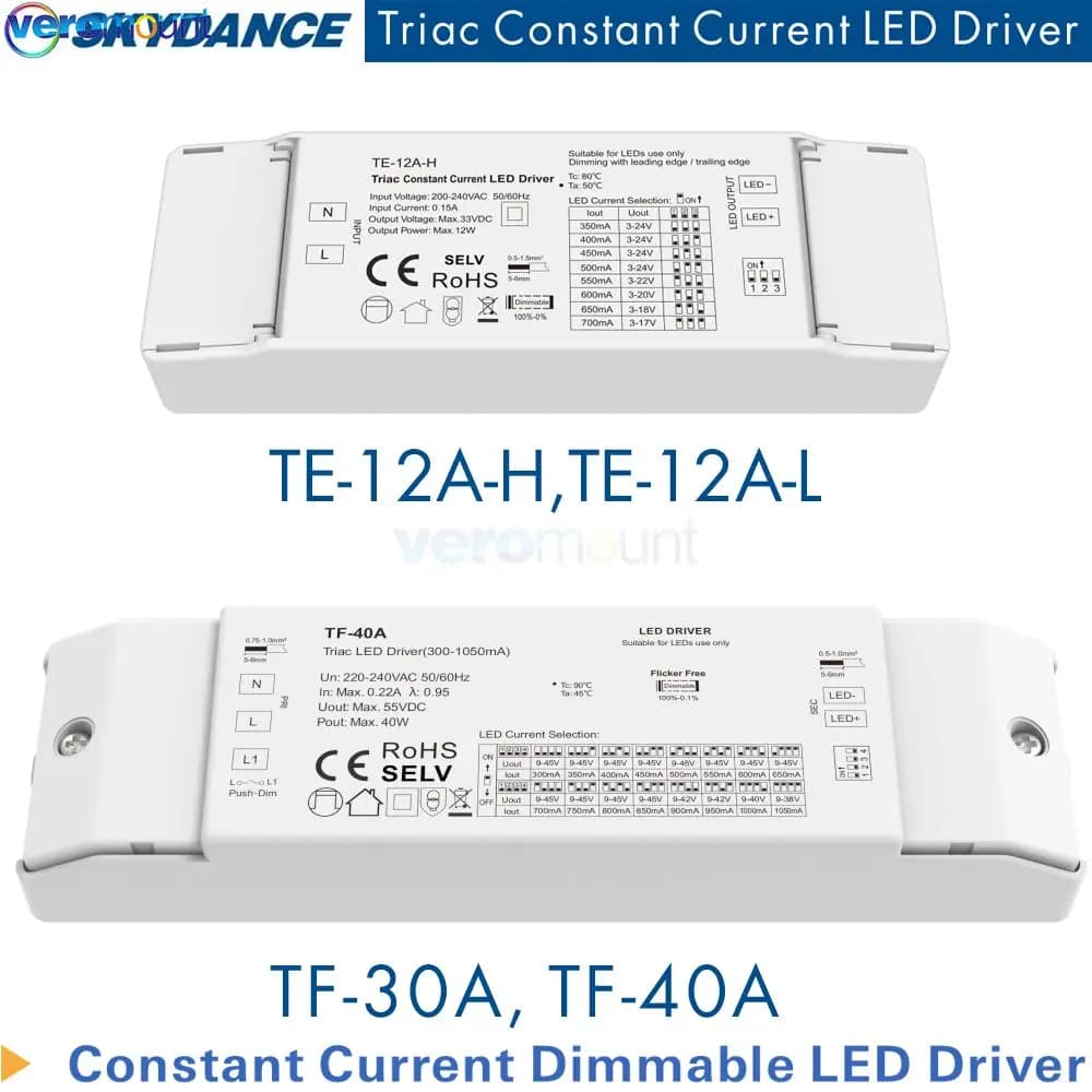 Skydance 12W 100-450mA 350-700mA 30W 150-900mA 40W 300-1050mA Constant Current Dimmable Led Triac Dimming Driver 200-240V Input