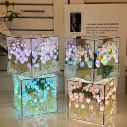 Creative DIY Tulip Night Light Led Decorative Night Lamp Magic Cube Table Lamp and Mirror 2 in 1 for Birthday Gifts Girl Cards