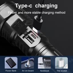 10000000LM Most Powerful Flashlight Type-C Rechargeable Torch 5 Modes Tactical High Power LED Flashlight 3500M Camping Lantern