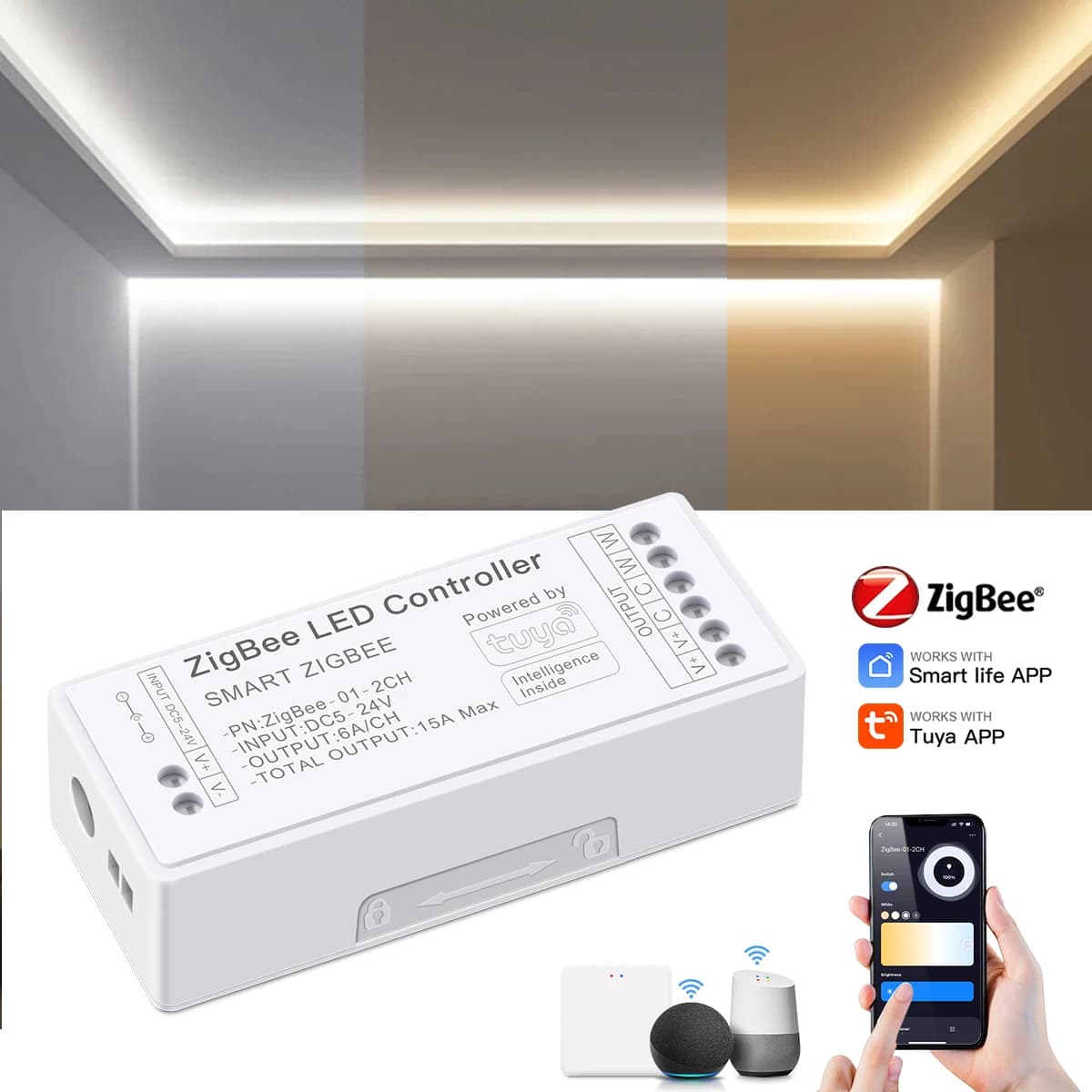 Tuya Zigbee LED Controller Voice Control RGB RGBW CCT LED Strip Smart Controller Dimmable DC5-24V for Alexa Echo Google Home