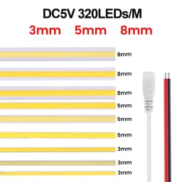 5V 12V COB LED Strip Light Ultra Thin 3MM 5MM 8MM Flexible Tape 320Leds/m RA90 Dimmable Linear Lighting Warm Natural Cool White