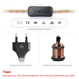 2M 3M Power Cord Pendant Light Twist Hemp Rope Cables E26 E27 Lamp Holder EU Plug with Switch Wire Edison Bulb Socket Cord Cable