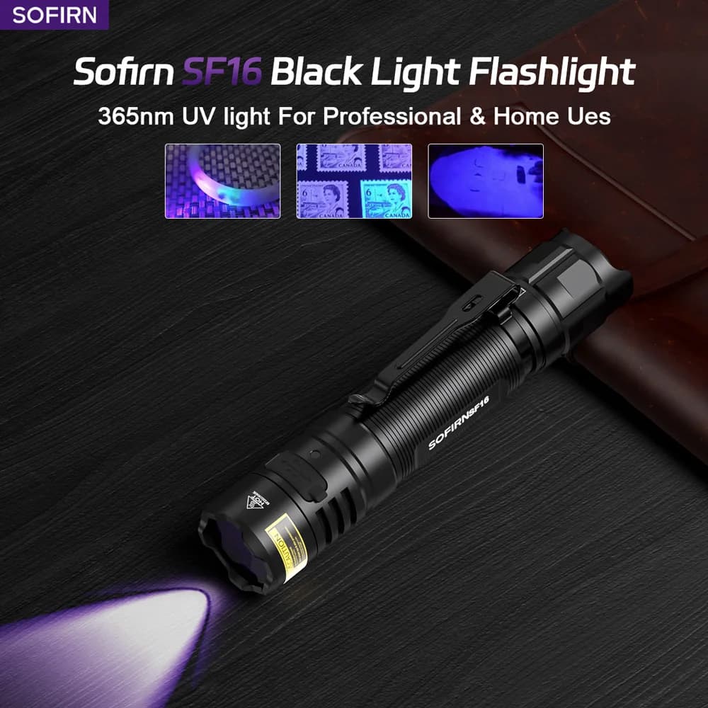 SOFIRN SF16 EDC 365nm UV Flashlight SST08 USB-C Rechargeable Protable 18650 Torch with Tail Switch Lamp for Detection
