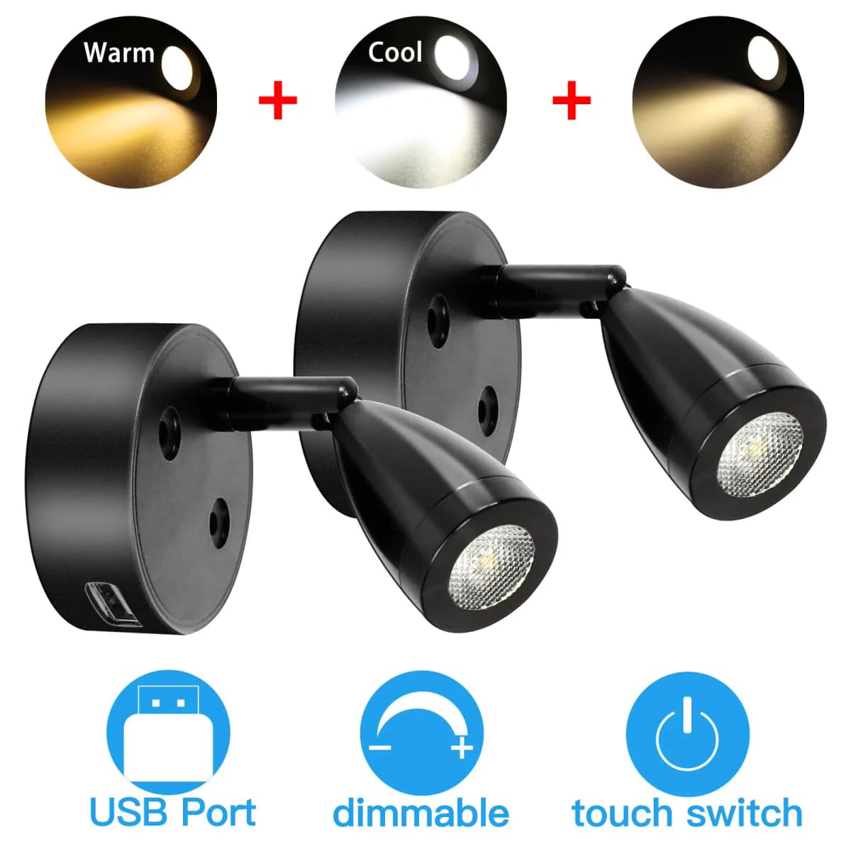 2/1X LED Reading Spotlight Interior Lighting Aluminum Adjustable Touch Control Dimmable Wall Lamp for Boat RV Trailer Warm Cool