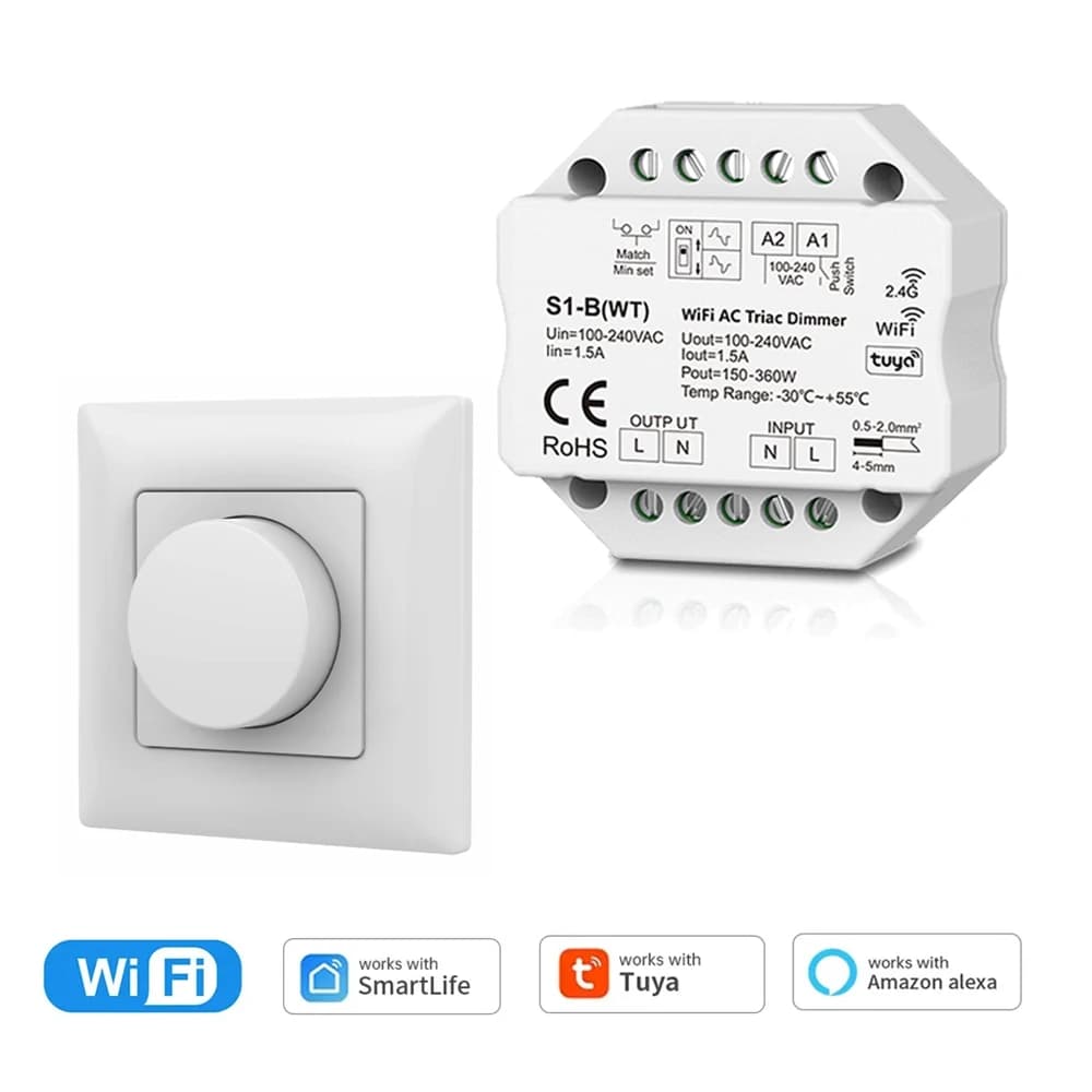 WiFi RF AC Triac Dimmer Push Switch Lamp Controller 2.4G Wireless Rotary Knob Dimming Remote fr Alexa Google Tuya Smart Life APP