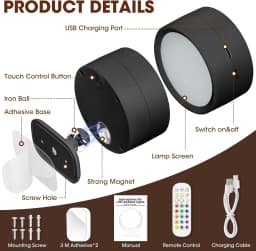 Magnetic LED Wall Light Night Dimmable Magnetic Picture Lights 360° Rotation Touch Remote Control Cabinet Spotlight Night Lamp
