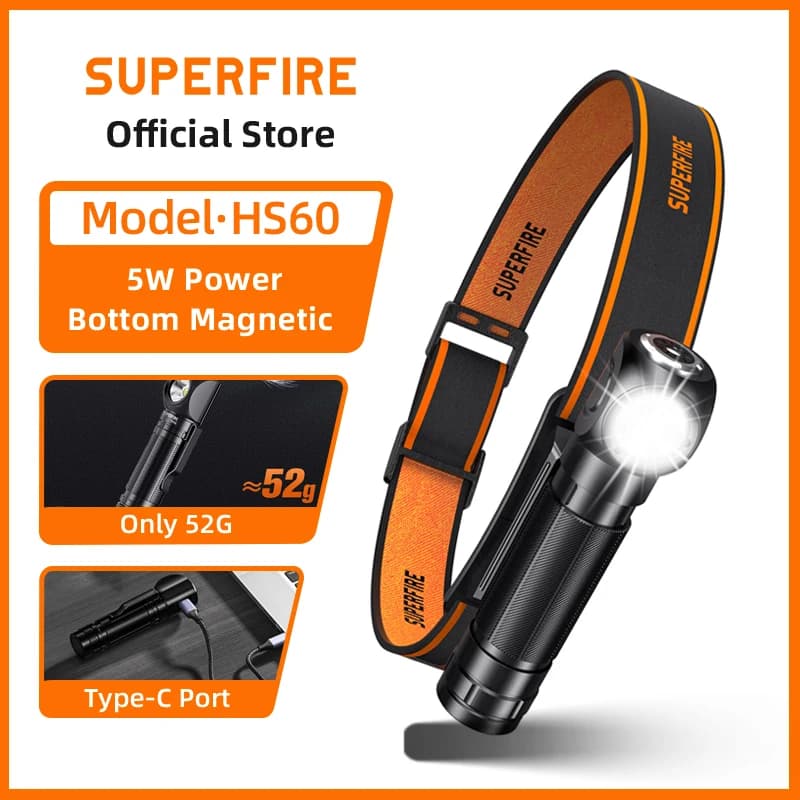 SUPERFIRE HS60 LED Magnetic Headlamp USB C Rechargeable Headlight 900LM Super Bright 18650 Head Flashlight Work Camp Light