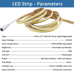 CCT COB LED Strip Light 24V Dimmable 1M 2M 3M 4M 5M WW CW Dual White FCOB LED Tape Ribbon Linear Lamp with RF Remote Control Kit