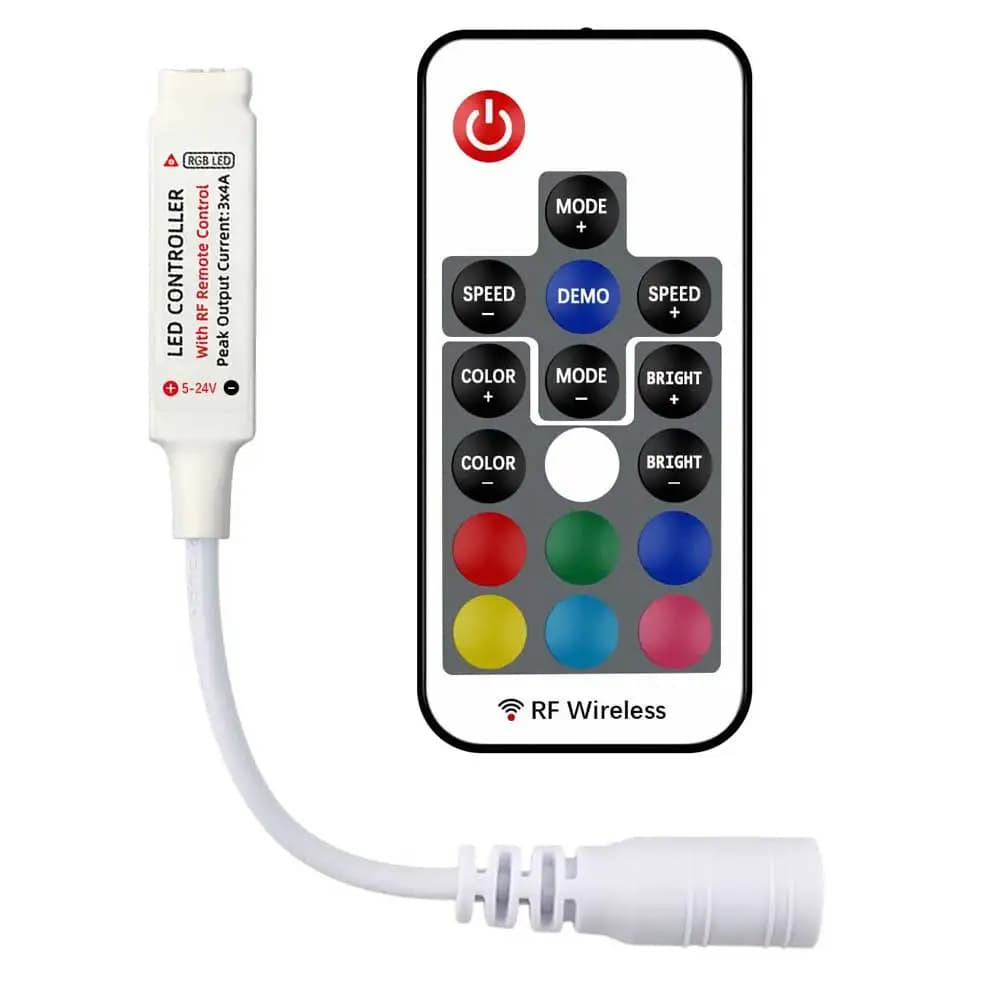 17 Key RF Wireless Remote LED Controller, DC 5V/12V/24V for 5050 3528 5630 LED Strip Lights, Mini 4-Pin RF LED RGB Controller