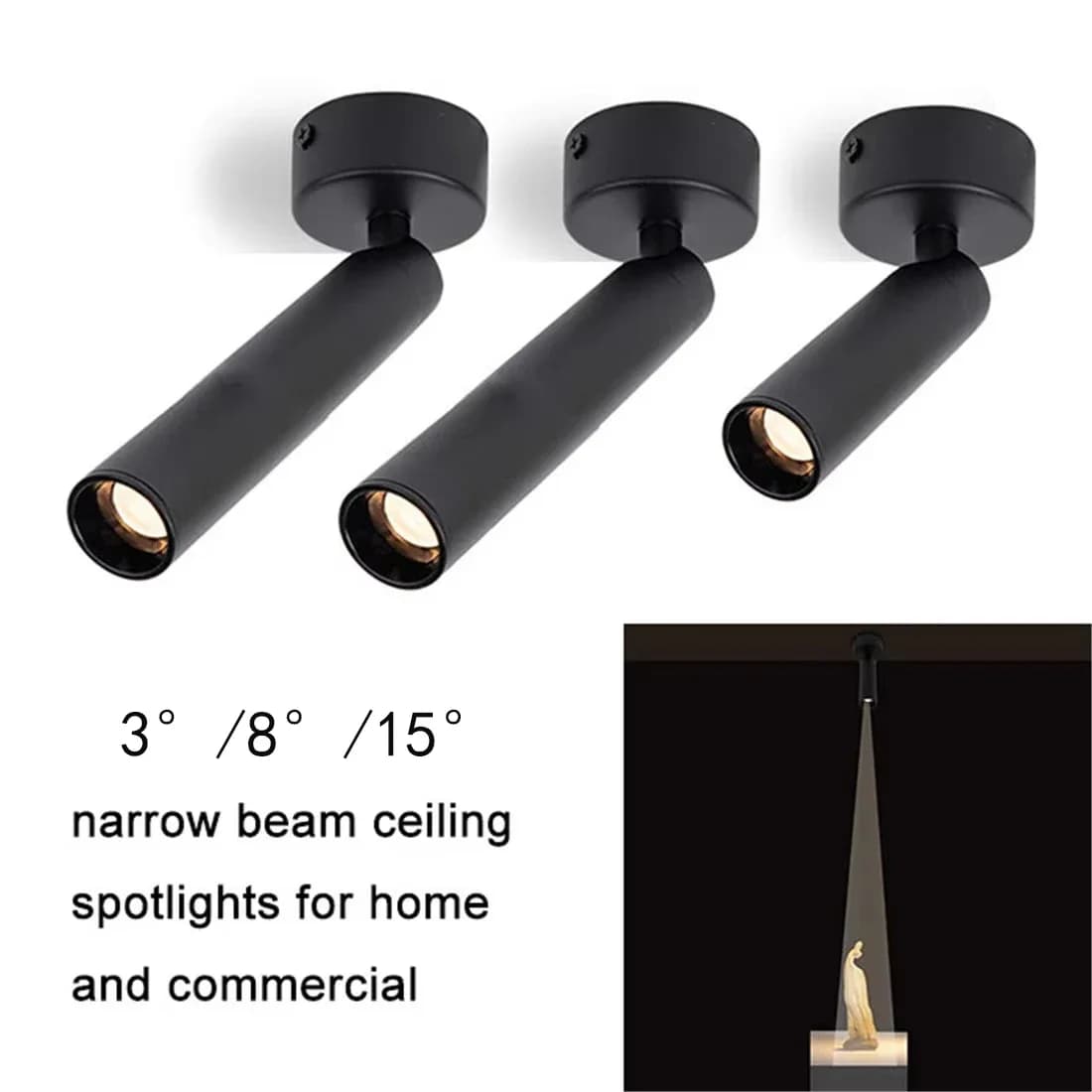 3°/8°/15°/ Narrow Beam Ceiling Spotlights 3W 5W Industrial Surface Mount Pin Spot Light for Jewelry Museum Gallary Picture Light