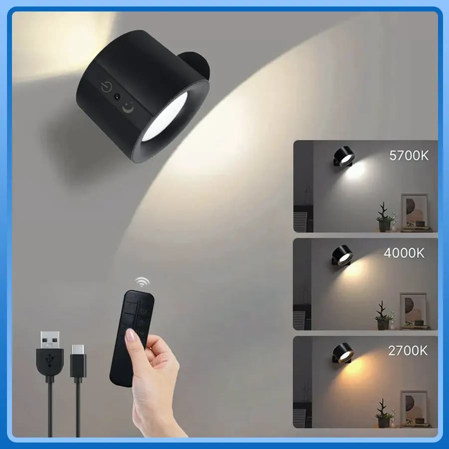 Double Head Magnetic LED Wall Lamp Rechargeable 360° Rotation Wireless Remote Control Spotlight For Bedroom Living Room Decor