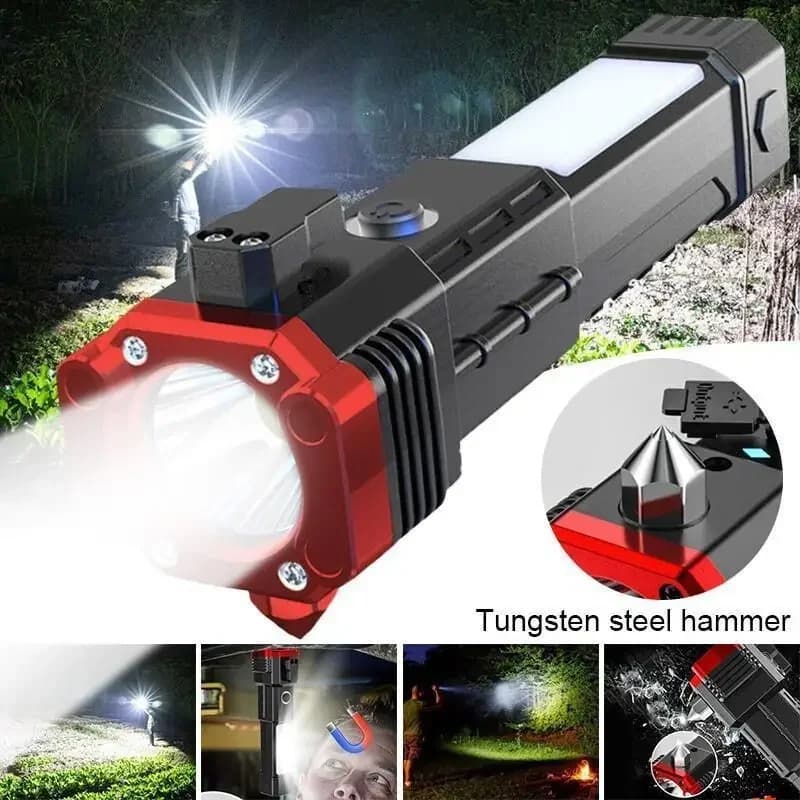 LED Flashlights Tactical Torch Rechargeable Portable Spotlight Long-Range Camping Flashlight With Safety Hammer COB Sidelight