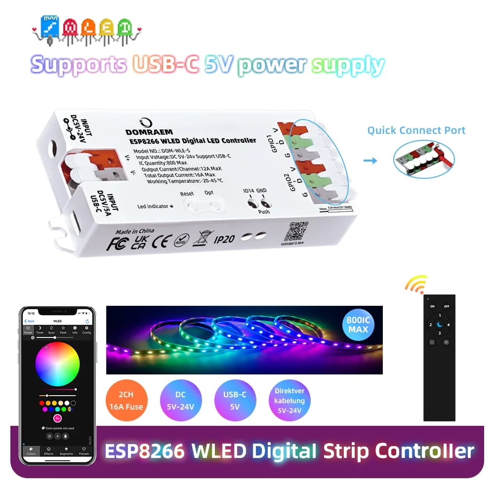 DOMRAEM ESP8266 WLED USB-C Addressable LED Controller Supports WS2811/12/12B/13/14/05 Digital Strips ETC. 1600 RGB IC | 16A Fuse
