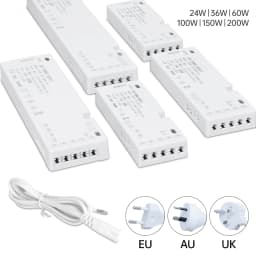 24W-200W LED Cabinet Light Transformer Power Supply AC220V to DC12V/24V with 7/9/10x DuPont Ports for Integrated Lighting