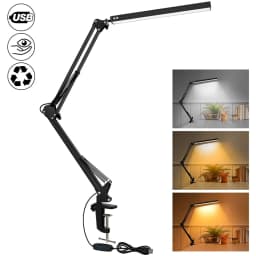 10W LED Desk Lamp with Clamp Adjustable Swing Arm Dimmable Table Light 3 Color Modes 10 Brightness Levels Eye-Caring USB Reading