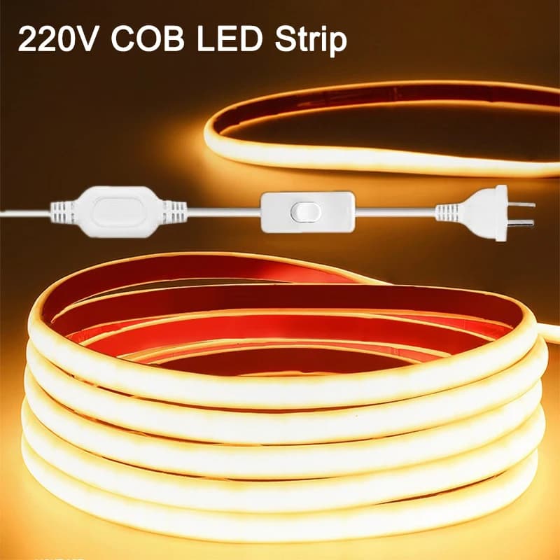 COB LED Strip Light 220V with EU AU Switch plug Adhesive Led Tape Waterproof 50cm Cuttable 288LEDs/m Home Living Room Lighting