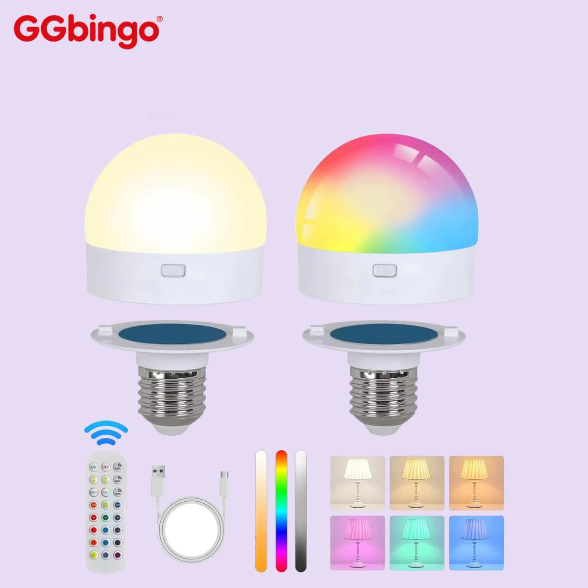 GGbingo Rechargeable LED Smart Bulb E27 with USB Control Color Temperature 15 Brightness Levels RGB Timer Function And Remote