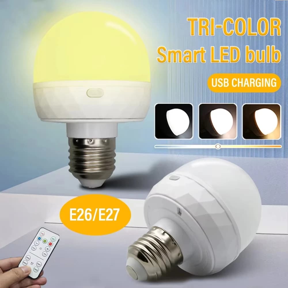 3PCS Smart LED Bulb E27 RGB Color Dimmable USB Rechargeable Cordless Battery Operated with Timing Feature for Home Lighting