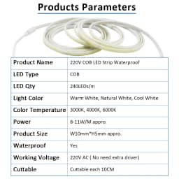AC220V COB LED Strip Light IP67 Waterproof Flexible Ribbon 2Pin Wire/EU Plug Tape Lamp 3000K/4000K/6000K Outdoor Linear Lighting