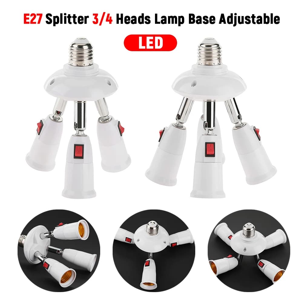 Led Light Base Conversion Lamphead Lamp Holder Socket E27 Splitter 3/4 Heads Lamp Base Adjustable LED Light Bulb Holder
