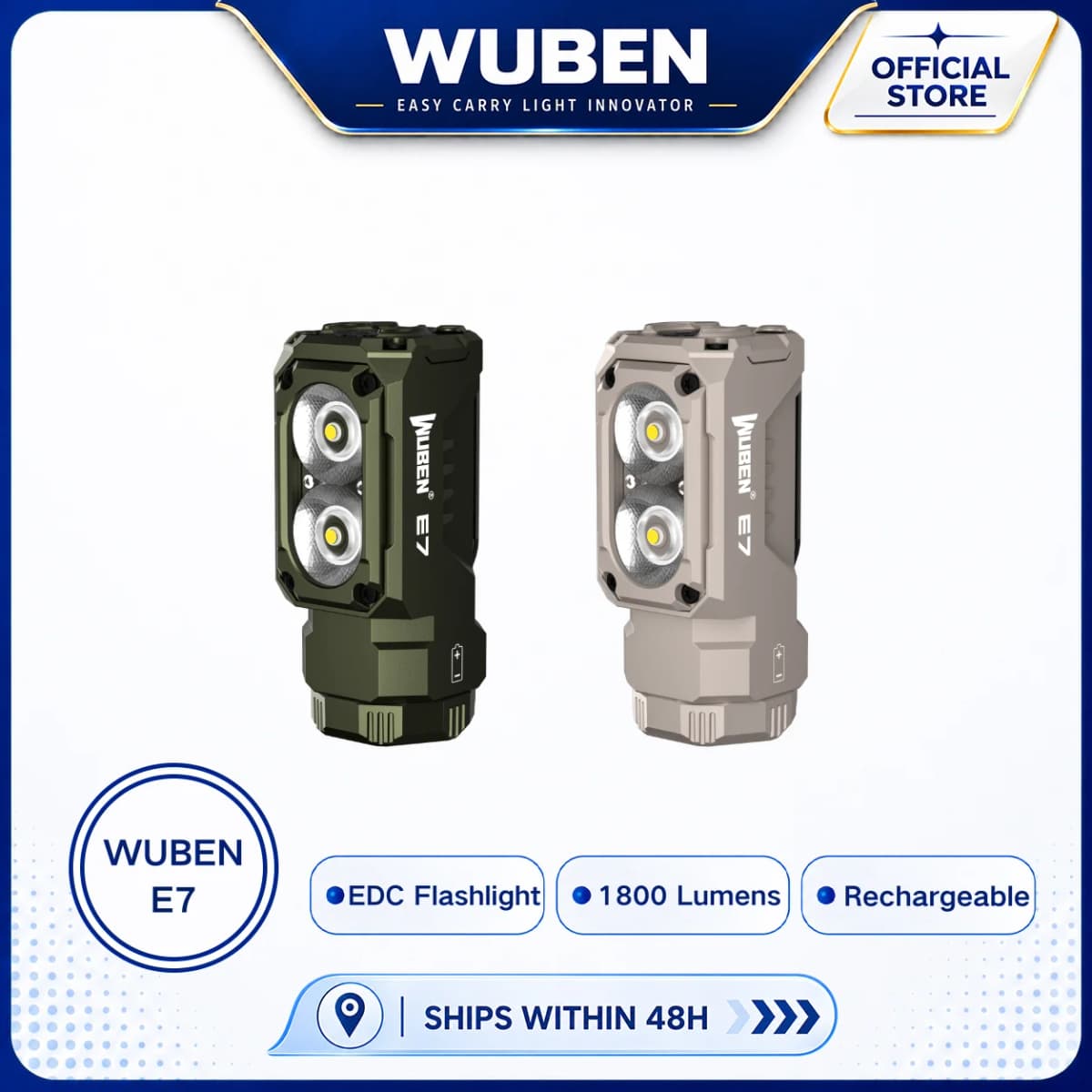 WUBEN E7 1800 Lumen Rechargeable Mini Flashlight with Magnet - Super Bright 6 Modes ArmyGreen EDC Flashlight, Typ-C Rechargeable