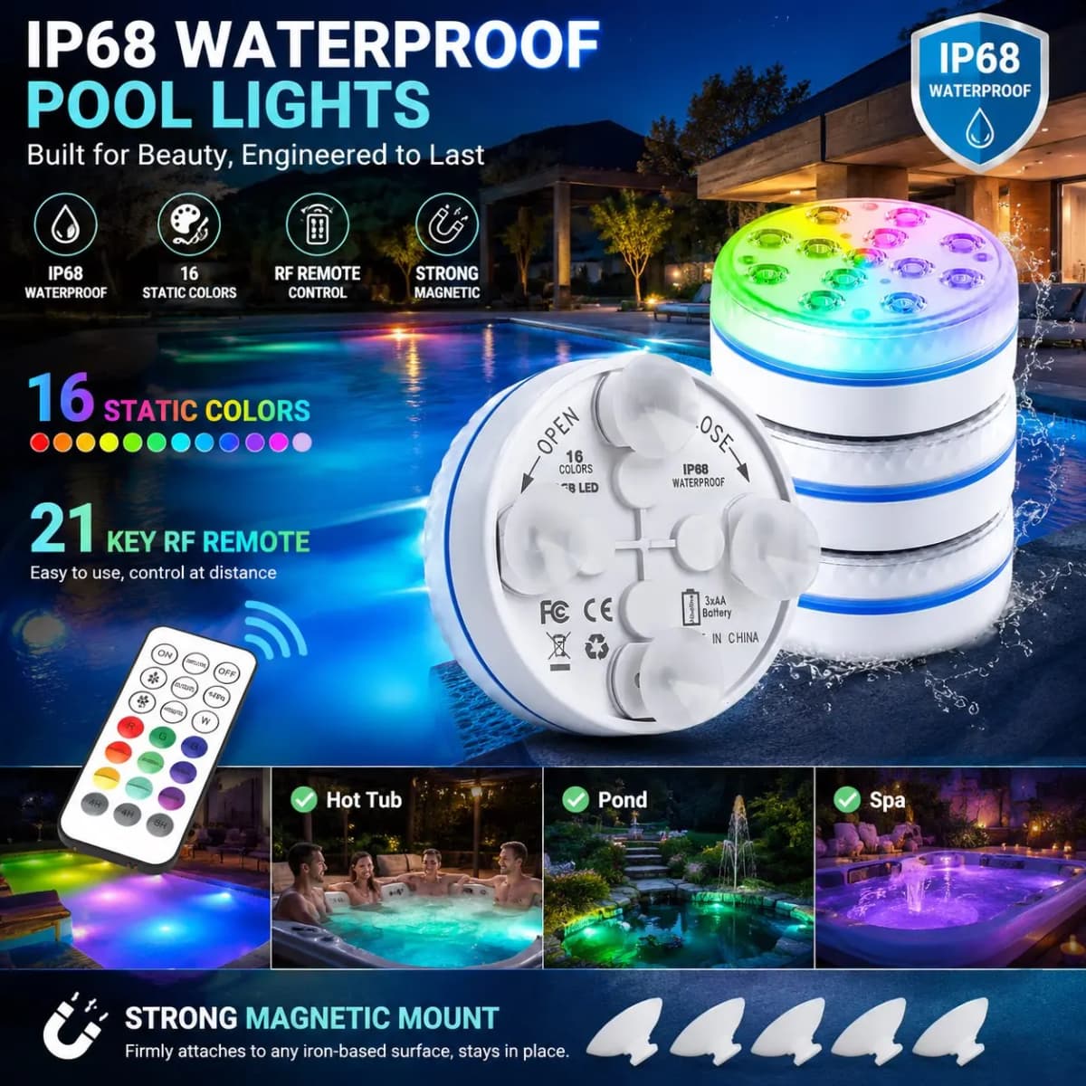 Submersible 13LEDs Lights Waterproof Underwater RGB with Remote Control Colour-Changing Light, Battery-Operated Flameless Lamps