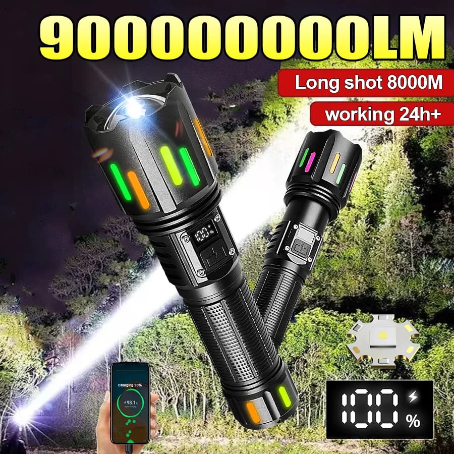 900000000LM Super Bright Flashlight Rechargeable LED Tactical Torch Ultra Bright Long Range 8000M Lantern Outdoor Lights