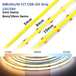 DC 12V 24V CCT COB LED Strip Light 5mm 8mm 10mm 608 LEDs/m 2700K to 6500K LED Tape Linear Double Color RA90 Dimmable Ribbon Lamp