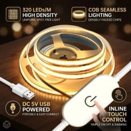 DC5V USB COB LED Strip 1-5M 320LEDs/M Touch Dimmer Flexible Tape Light for TV Mirror Cabinet Kitchen Room DIY Decor Backlighting