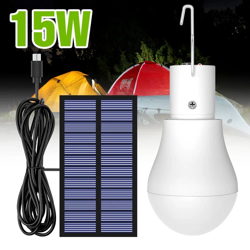15W LED Solar Lamp Outdoor IP65 Waterproof Garden Hiking Fishing Camping Portable Bulbs Emergency Lights With Hook Solar Panel