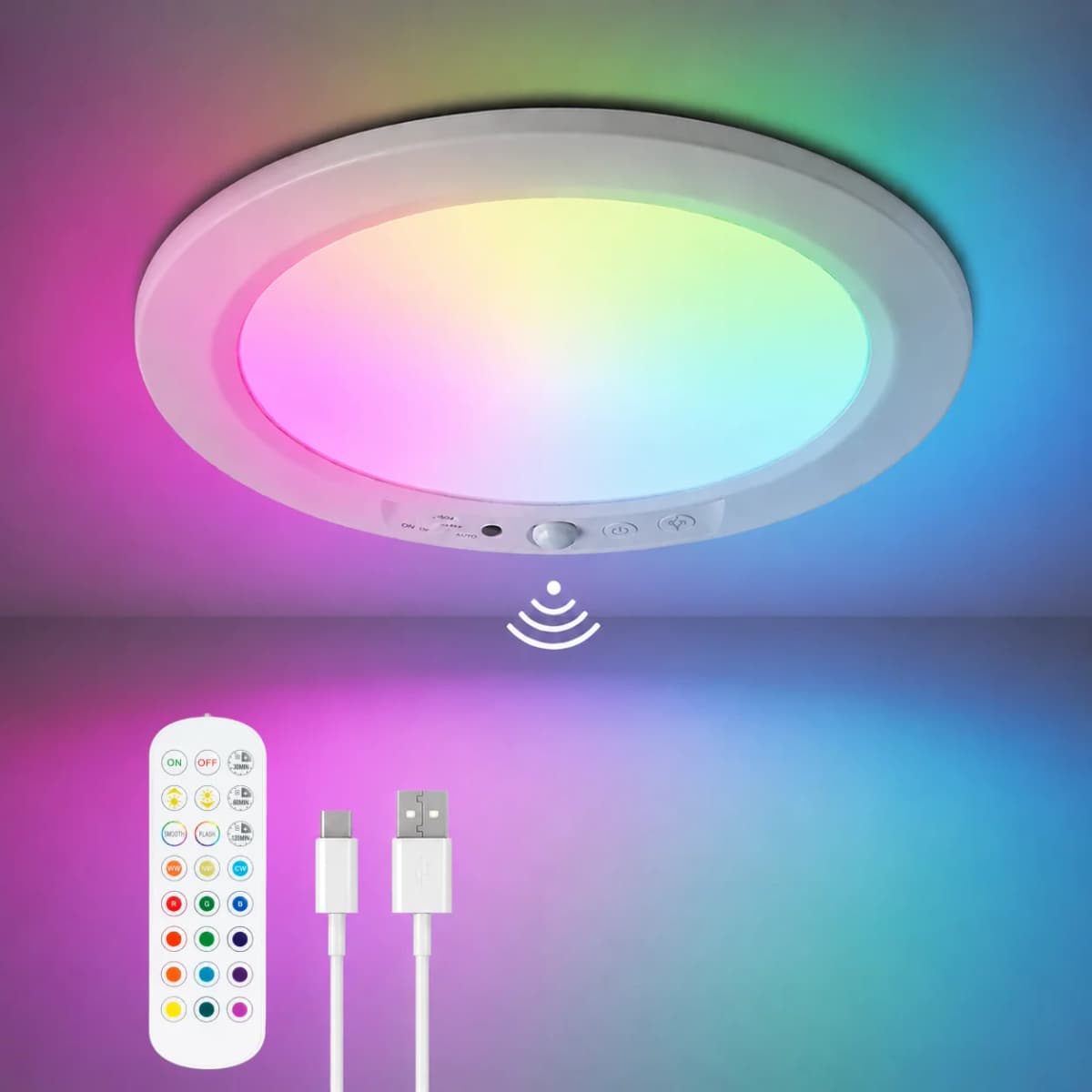 RGB Motion Sensor Ceiling Light,USB-C Rechargeable Magnetic Wireless Wall Lamp with Remote Control,16-Color Dimmable Night Light