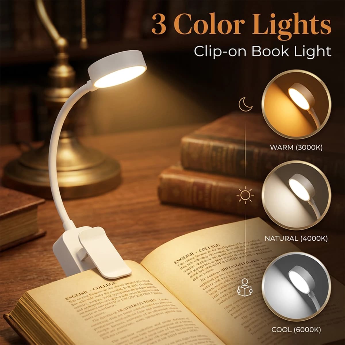 Clip On Book Light 3 Color Temperature 3 Brightness Eye Protection Reading Lamp 360° Dimmable Desk Light For Travel Camping