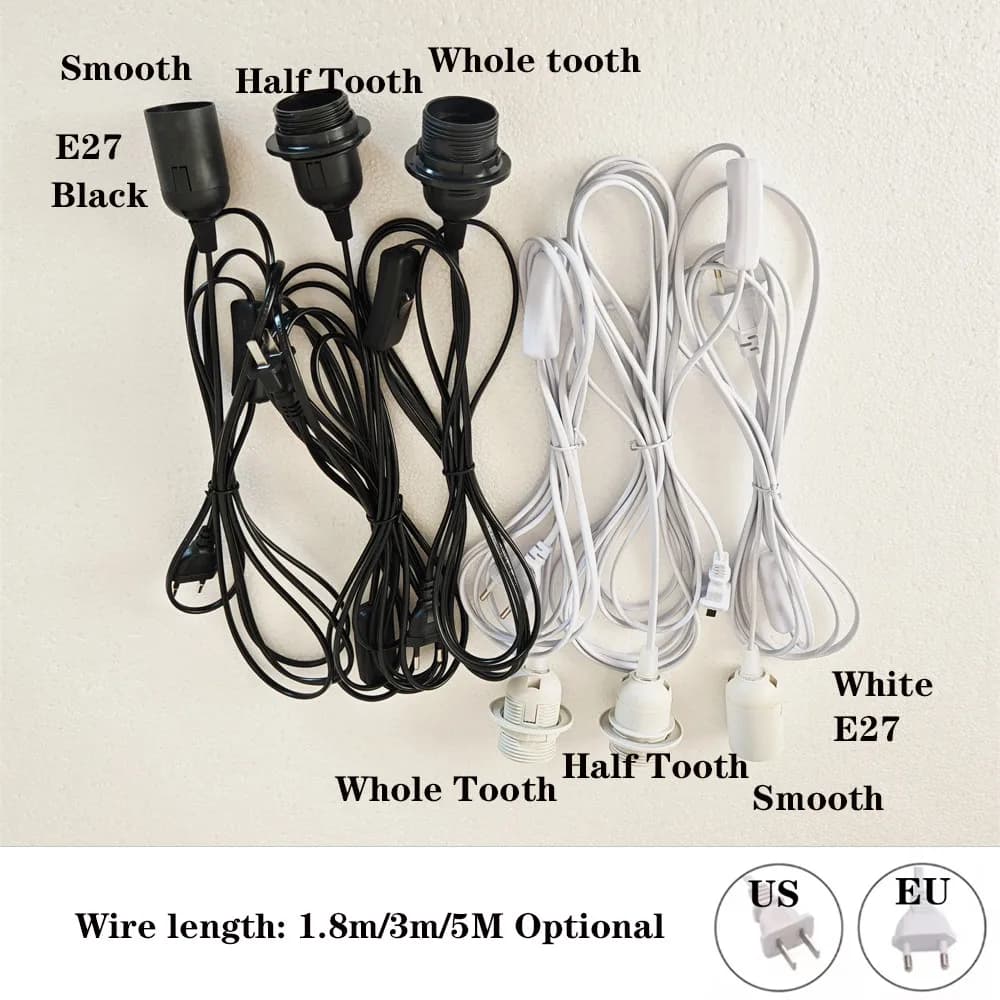 EU/US Plug 1.8m/3m/5m Power Cord Cables E27 Lamp Base Holder With Switch Wire For Pendant Fixture Hang lamp Lighting accessories