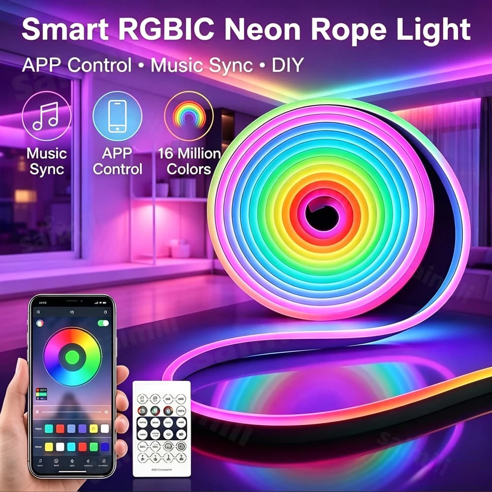 RGBIC USB Neon LED Tape Waterproof Flexible Strip Light Bluetooth Remote Music Sync Multi-Color Lamp For Holiday DIY Wall Decor