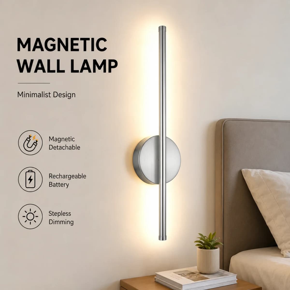 Rechargeable LED Wall Sconce Dimmable Silver For Living Room Bedroom Hallway Study Stairwell Interior Decorative Lighting