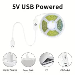 Flexible Cob Led Light Strip with Touch Sensor Switch and Dimmable Function - Flexible and Bendable Led Light Strip, Low Voltage 5V, USB Powered Plug-And-Play, Touch Switch to Adjust Light Brightness, Suitable for Home