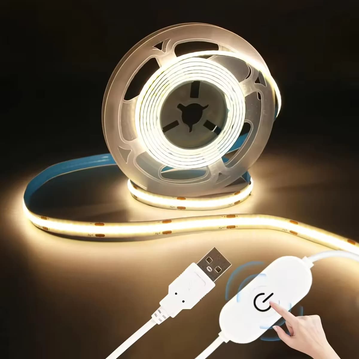 Flexible Cob Led Light Strip with Touch Sensor Switch and Dimmable Function - Flexible and Bendable Led Light Strip, Low Voltage 5V, USB Powered Plug-And-Play, Touch Switch to Adjust Light Brightness, Suitable for Home