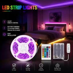 Indoor RGB LED light strip, battery powered (batteries not included). Suitable for room decor, parties, and Christmas decoration